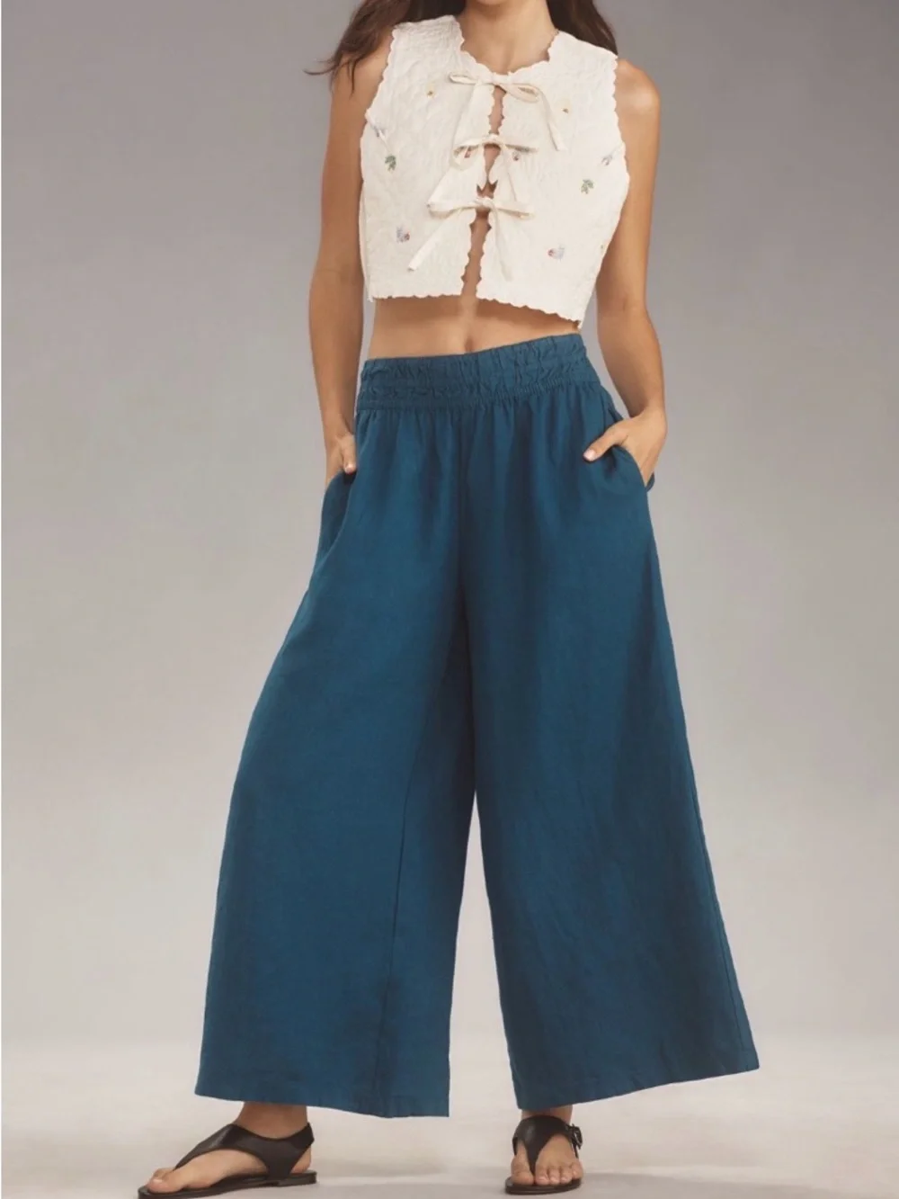 Somerset Linen Pants Anthropologie Pull-on Smocked Elastic Waist Pockets S NWT - Picture 7 of 16